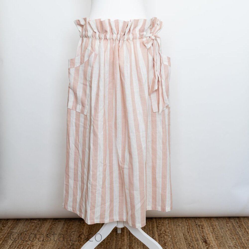 WHY Dress XL Pink Ivory Striped Linen Blend Midi Skirt Paperbag Waist NWT